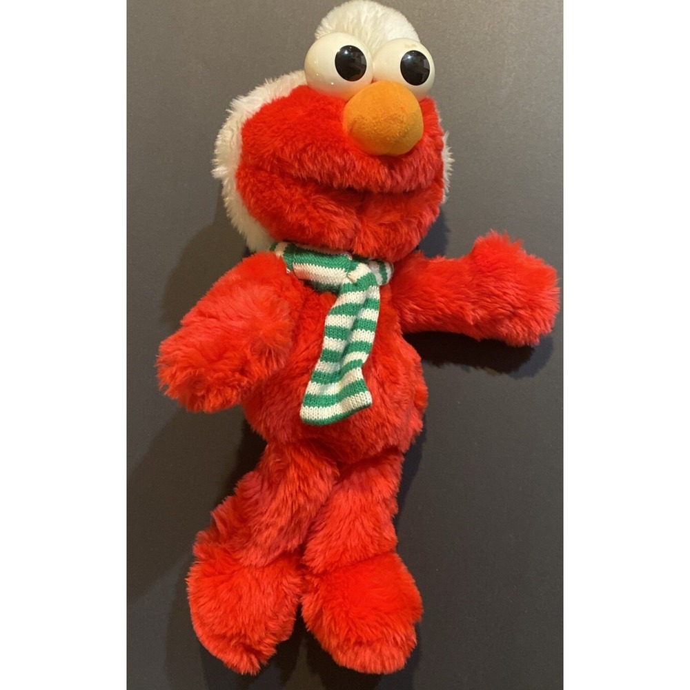 Sesame Street Tyco 1997 Christmas Elmo Huggable Plush 14" Elmo Santa Hat Scarf